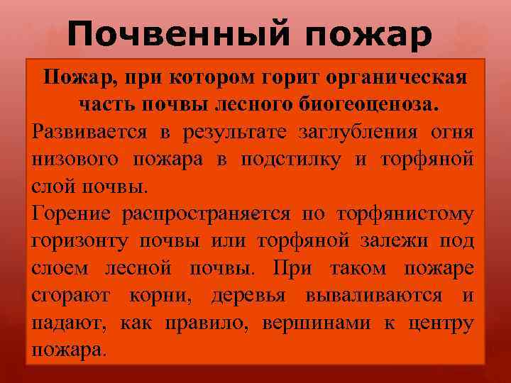 Почвенный пожар Пожар, при котором горит органическая часть почвы лесного биогеоценоза. Развивается в результате