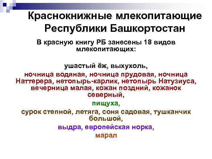 Краснокнижные млекопитающие Республики Башкортостан В красную книгу РБ занесены 18 видов млекопитающих: ушастый ёж,