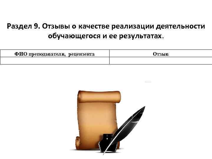 Раздел 9. Отзывы о качестве реализации деятельности обучающегося и ее результатах. ФИО преподавателя, рецензента