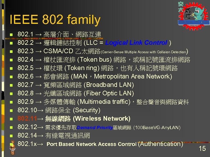 IEEE 802 family n n n n 802. 1 → 高層介面、網路互連 802. 2 →
