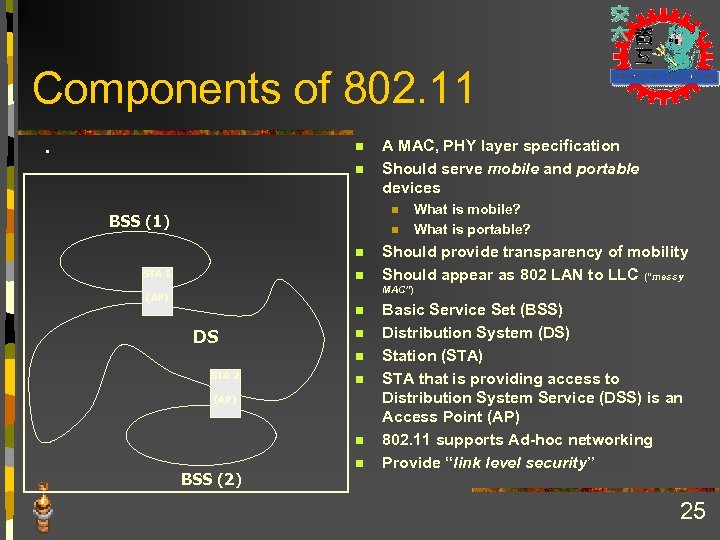 Components of 802. 11 . n n A MAC, PHY layer specification Should serve