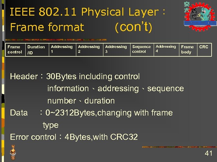 IEEE 802. 11 Physical Layer： Frame format (con’t) Frame control Duration /ID Addressing 1