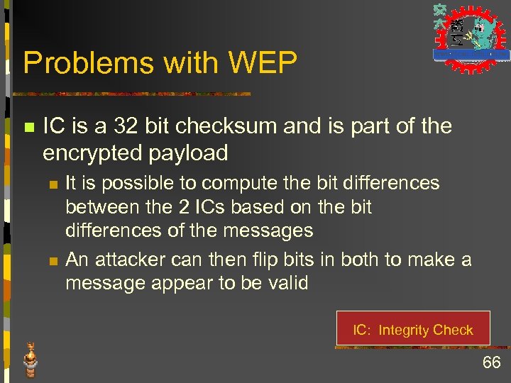 Problems with WEP n IC is a 32 bit checksum and is part of