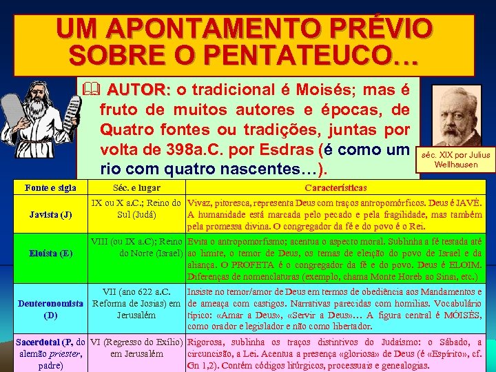 UM APONTAMENTO PRÉVIO SOBRE O PENTATEUCO… AUTOR: o tradicional é Moisés; mas é fruto