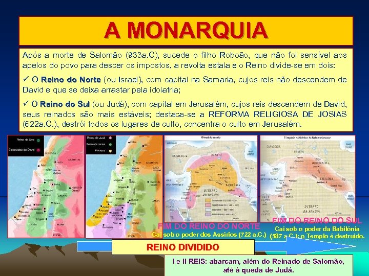 A MONARQUIA Após a morte de Salomão (933 a. C), sucede o filho Roboão,