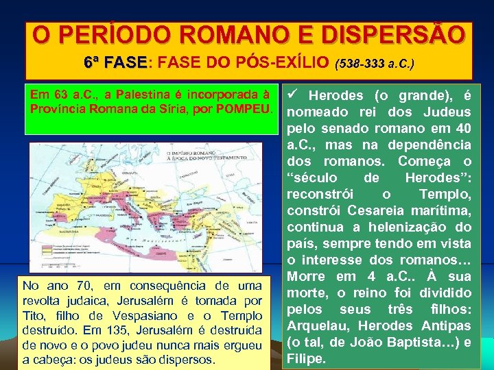 O PERÍODO ROMANO E DISPERSÃO 6ª FASE: FASE DO PÓS-EXÍLIO FASE Em 63 a.