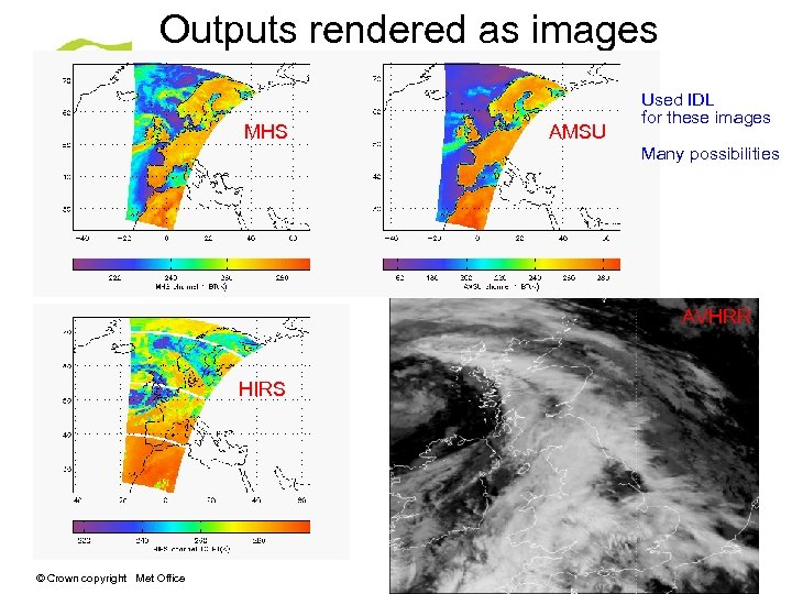 Outputs rendered as images MHS AMSU Used IDL for these images Many possibilities AVHRR