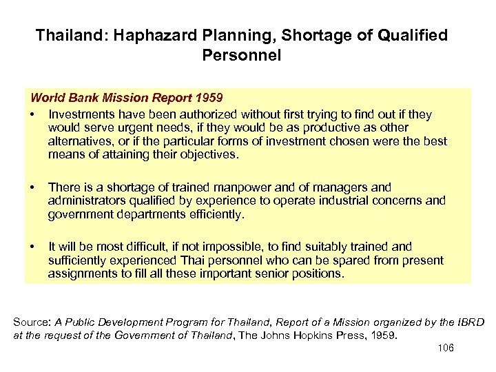 Thailand: Haphazard Planning, Shortage of Qualified Personnel World Bank Mission Report 1959 • Investments