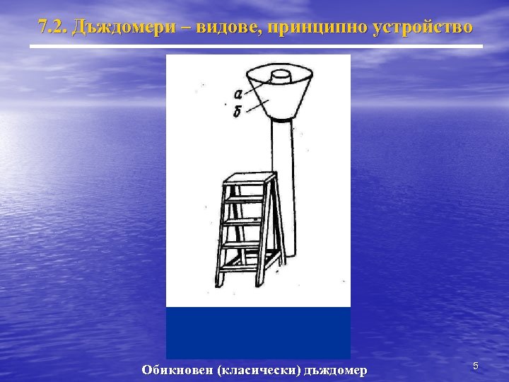 7. 2. Дъждомери – видове, принципно устройство Обикновен (класически) дъждомер 5 