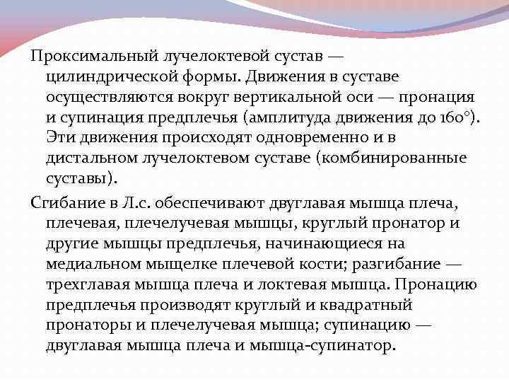 Проксимальный лучелоктевой сустав — цилиндрической формы. Движения в суставе осуществляются вокруг вертикальной оси —
