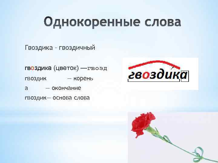 Гвоздика – гвоздичный гвоздика (цветок) —гвоздик а — корень — окончание гвоздик— основа слова