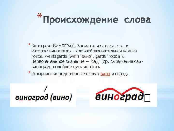 * * Виноград- ВИНОГРАД. Заимств. из ст. -сл. яз. , в котором виноградъ —