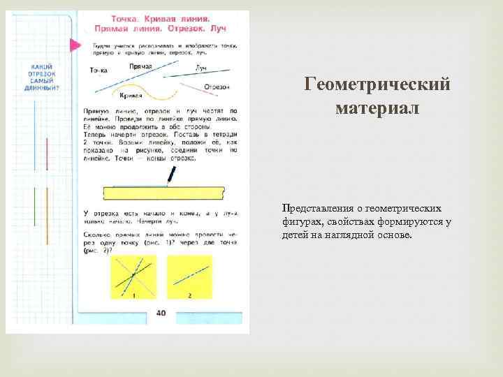 Геометрический материал Представления о геометрических фигурах, свойствах формируются у детей на наглядной основе. 