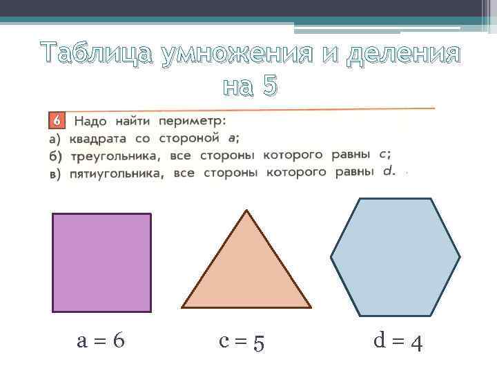 Таблица умножения и деления на 5 а=6 c=5 d=4 