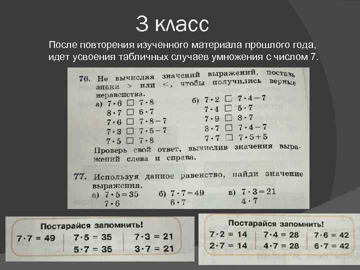 3 класс После повторения изученного материала прошлого года, идет усвоения табличных случаев умножения с