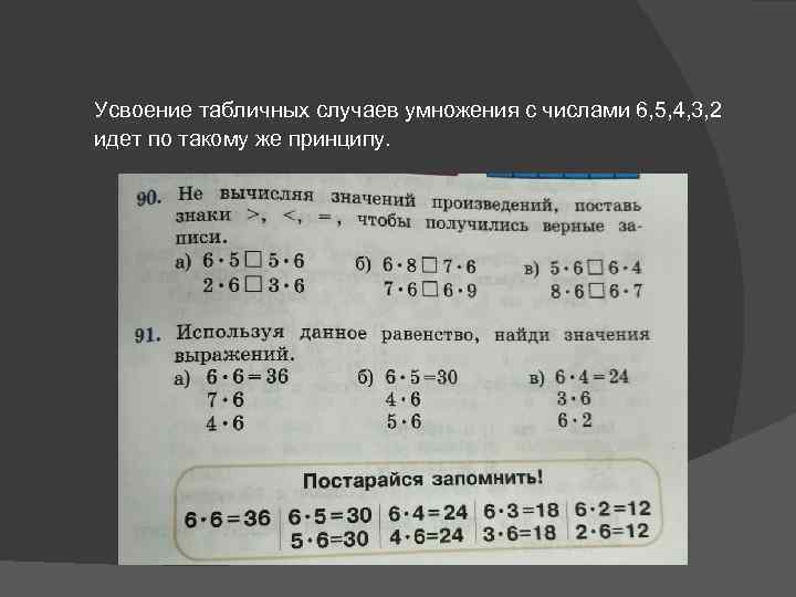 Усвоение табличных случаев умножения с числами 6, 5, 4, 3, 2 идет по такому