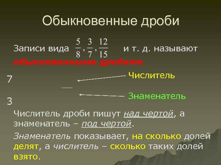 Обыкновенные дроби Записи вида и т. д. называют обыкновенными дробями. 7 3 Числитель Знаменатель