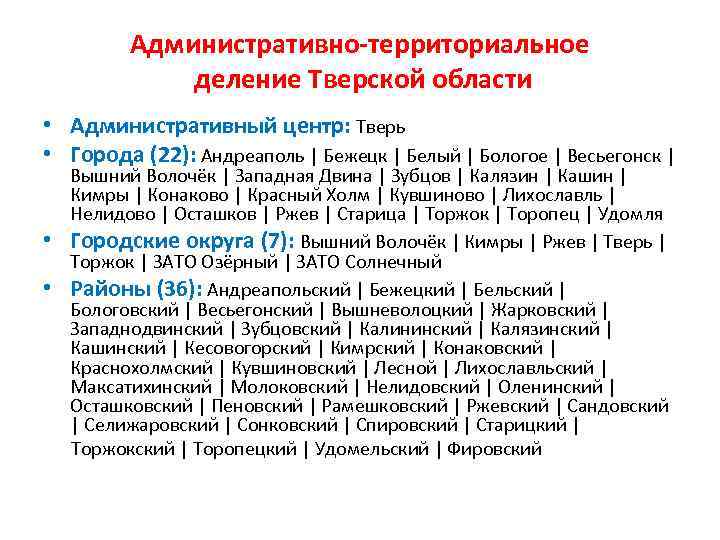 Административно-территориальное деление Тверской области • Административный центр: Тверь • Города (22): Андреаполь | Бежецк