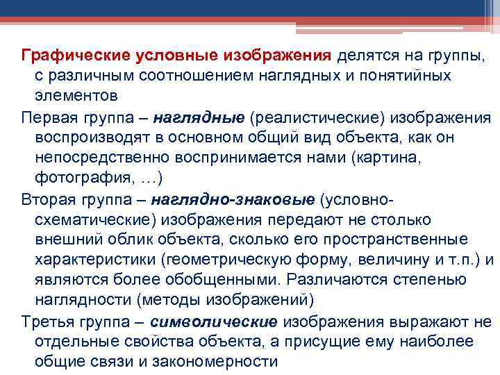 Графические условные изображения делятся на группы, с различным соотношением наглядных и понятийных элементов Первая