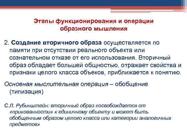 Этапы функционирования и операции образного мышления 2. Создание вторичного образа осуществляется по памяти при