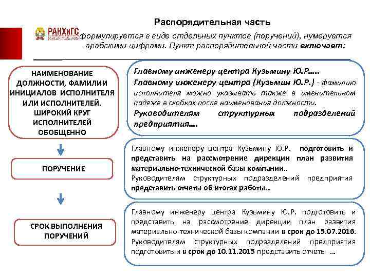 Распорядительная часть формулируется в виде отдельных пунктов (поручений), нумеруется арабскими цифрами. Пункт распорядительной части