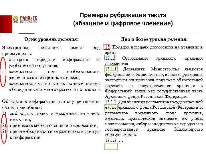 Примеры рубрикации текста (абзацное и цифровое членение) Один уровень деления: Два и более уровня