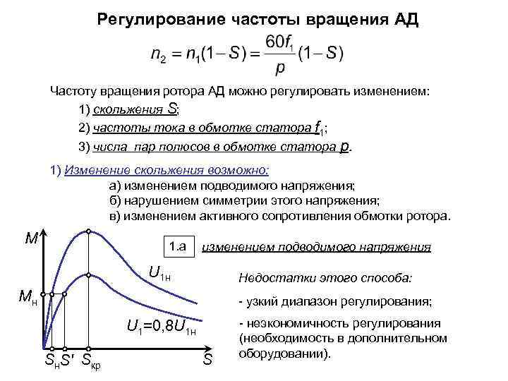 Регулирование частоты вращения АД Частоту вращения ротора АД можно регулировать изменением: 1) скольжения S;