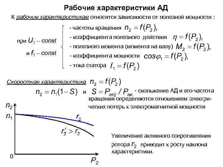 Рабочие характеристики АД К рабочим характеристикам относятся зависимости от полезной мощности : - частоты