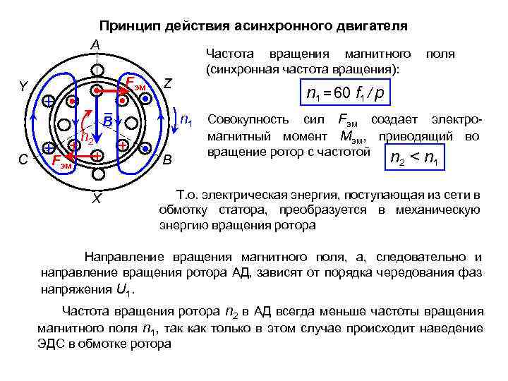 Принцип действия асинхронного двигателя A Fэм Y n 2 C Z X поля n