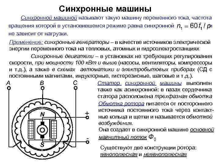 Синхронные машины Синхронной машиной называют такую машину переменного тока, частота вращения которой в установившемся
