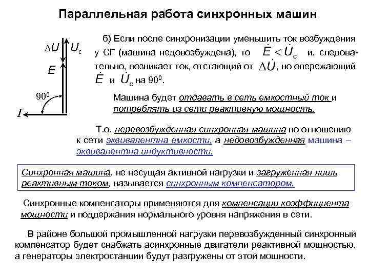 Параллельная работа синхронных машин U E 900 I Uс б) Если после синхронизации уменьшить