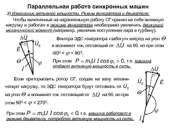 Параллельная работа синхронных машин 2) Изменение активной мощности. Режим генератора и двигателя. Чтобы включенный