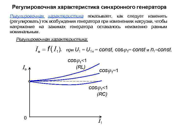 Регулировочная характеристика синхронного генератора Регулировочная характеристика показывает, как следует изменять (регулировать) ток возбуждения генератора