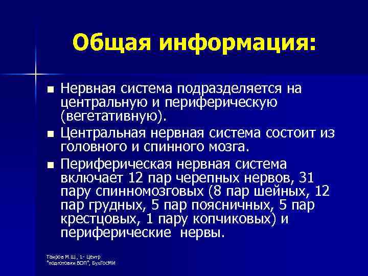 Общая информация: n n n Нервная система подразделяется на центральную и периферическую (вегетативную). Центральная