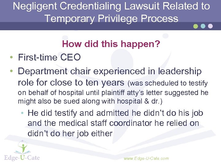 Negligent Credentialing Lawsuit Related to Temporary Privilege Process How did this happen? • First-time