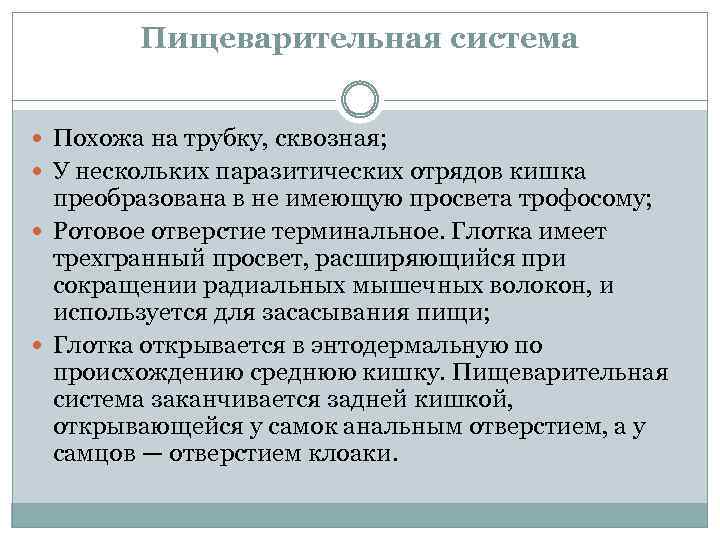 Пищеварительная система Похожа на трубку, сквозная; У нескольких паразитических отрядов кишка преобразована в не