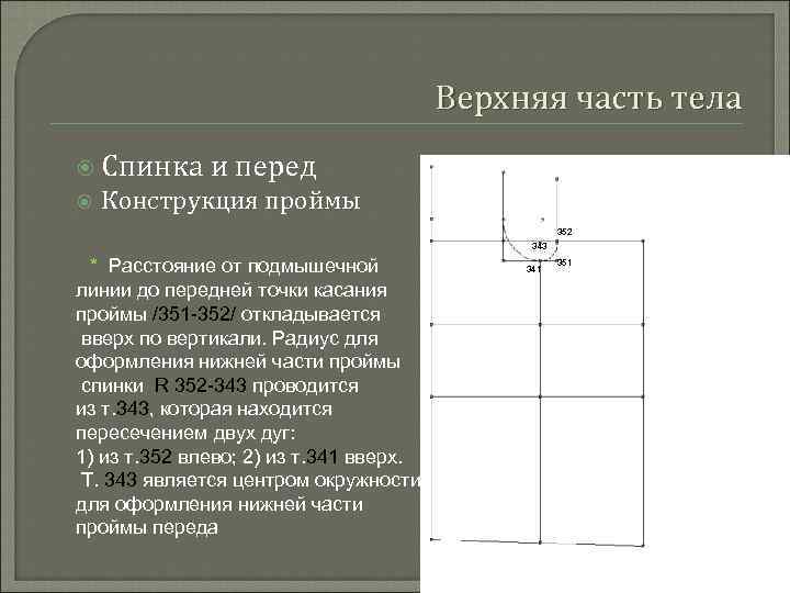 Верхняя часть тела Спинка и перед Конструкция проймы 352 343 * Расстояние от подмышечной