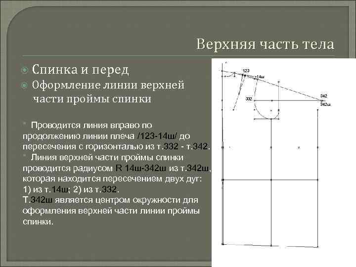 Верхняя часть тела Спинка и перед Оформление линии верхней части проймы спинки * Проводится