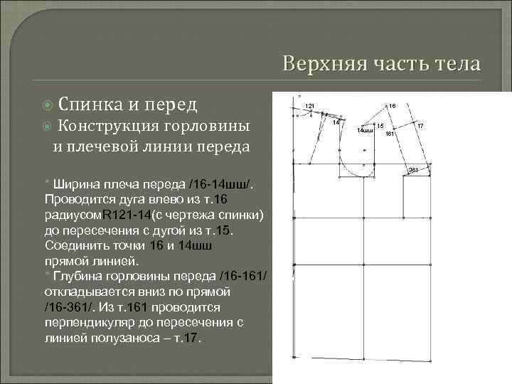 Верхняя часть тела Спинка и перед Конструкция горловины и плечевой линии переда 121 16