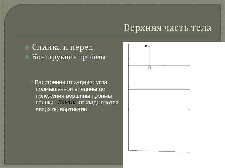 Верхняя часть тела Спинка и перед 13 Конструкция проймы 33 * Расстояние от заднего