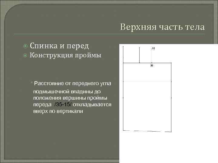 Верхняя часть тела Спинка и перед 15 Конструкция проймы 35 * Расстояние от переднего