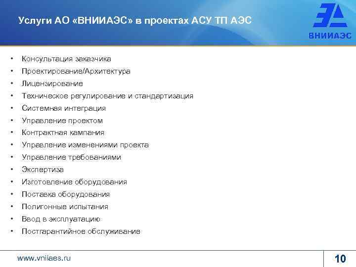 Услуги АО «ВНИИАЭС» в проектах АСУ ТП АЭС • Консультация заказчика • Проектирование/Архитектура •