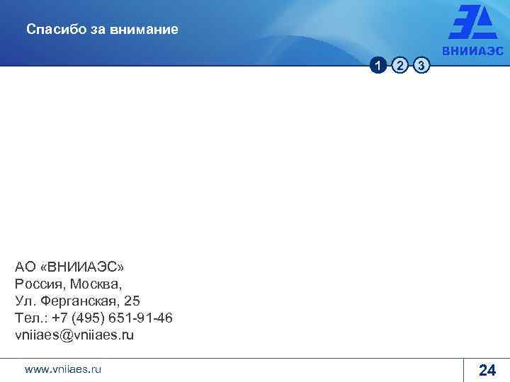 Спасибо за внимание 1 2 3 АО «ВНИИАЭС» Россия, Москва, Ул. Ферганская, 25 Тел.