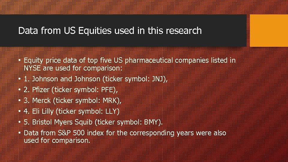 Data from US Equities used in this research • Equity price data of top