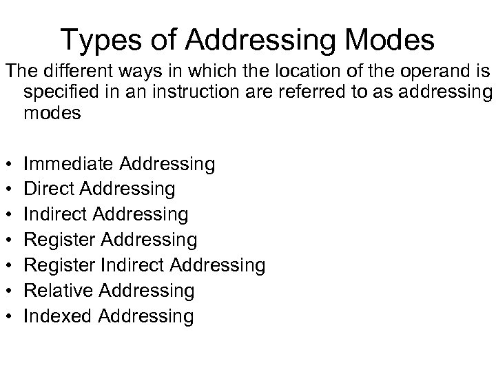 Types of Addressing Modes The different ways in which the location of the operand