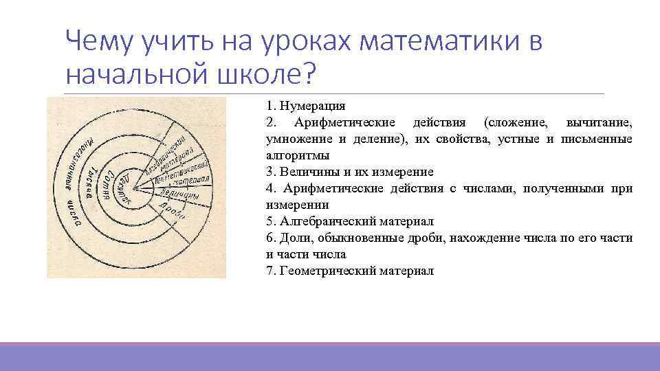 Чему учить на уроках математики в начальной школе? 1. Нумерация 2. Арифметические действия (сложение,