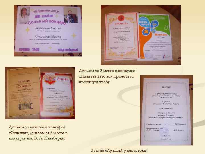 Диплом за 2 место в конкурсе «Планета детства» , грамота за отличную учёбу Диплом