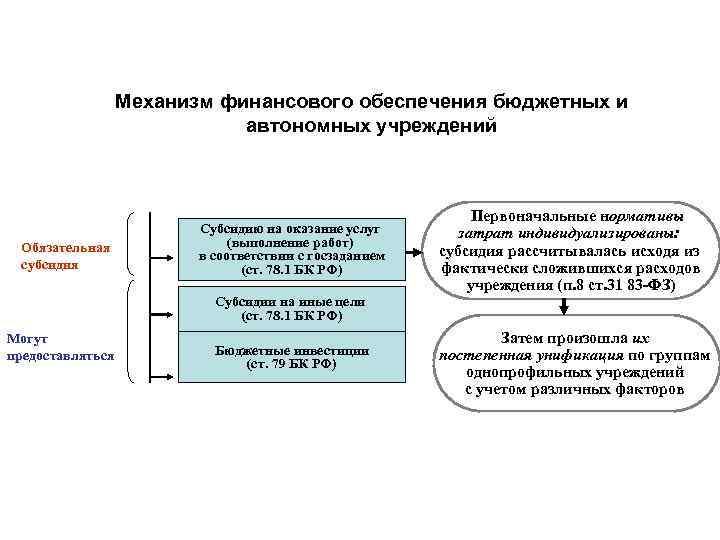 Механизм финансового обеспечения бюджетных и автономных учреждений Обязательная субсидия Субсидию на оказание услуг (выполнение