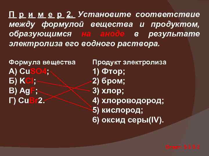 П р и м е р 2. Установите соответствие между формулой вещества и продуктом,