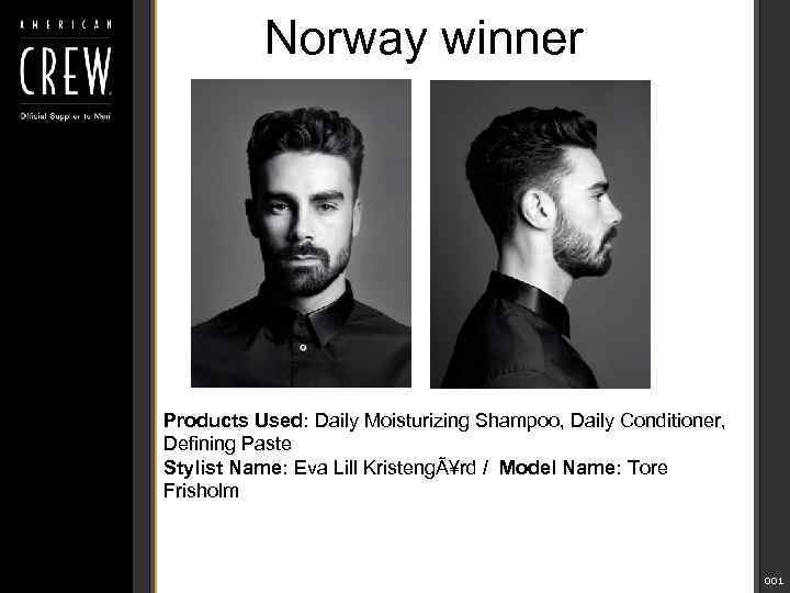 Norway winner Products Used: Daily Moisturizing Shampoo, Daily Conditioner, Defining Paste Stylist Name: Eva